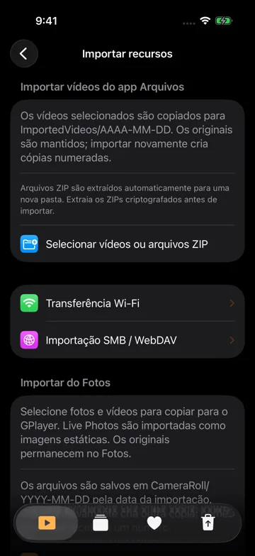 Importar vídeos do app Arquivos